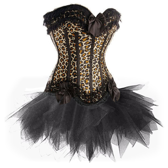 Sexy Leopard with black stripe satin boned lace up  Burlesque showgirl bodyshaper  corset bustier+TUTU Skirt   S-2XL