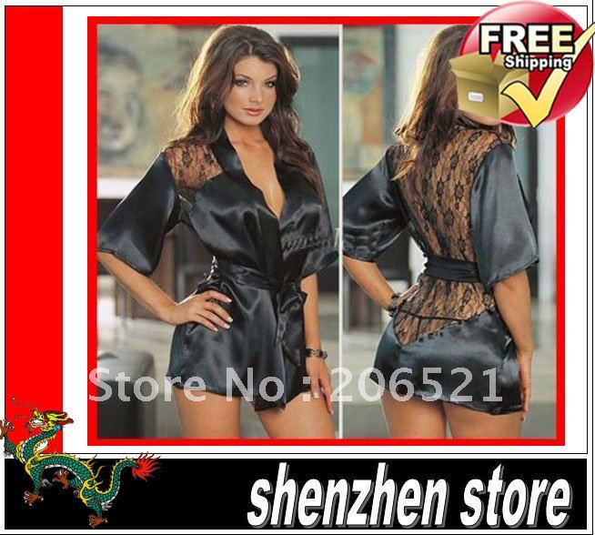 Sexy Lingerie Black Satin Sleepwear Lace Detail Robe and G-String FREE SHIP AIRMAIL HK