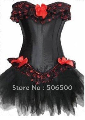 sexy lingerie corset party costume Black/Red Ribbon CORSET & Black tutu skirt Sexy Lingerie