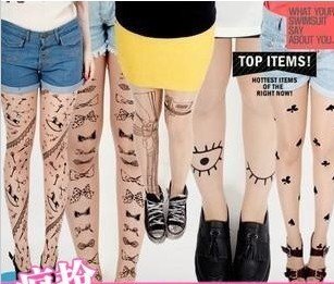 Sexy Machine Gun Tattoo Socks Transparent Pantyhose Stockings Tights Leggings mix kinds 2pair/lot women socks Free Shipping