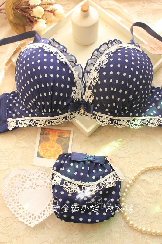 Sexy navy blue dot 3 breasted side gathering women's adjustable push up underwear bra set