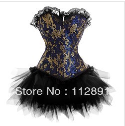 Sexy New Satin lace up boned Blue Gold Floral Lollita Corset Busiter & Tutu Skirt Clubwear showgirl S-2XL M0220