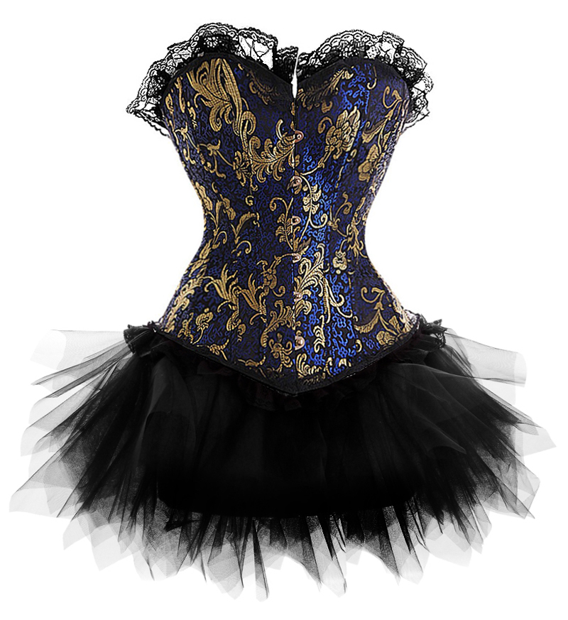 Sexy New Satin lace up boned Blue Gold Floral Lollita Corset Busiter & Tutu Skirt Set