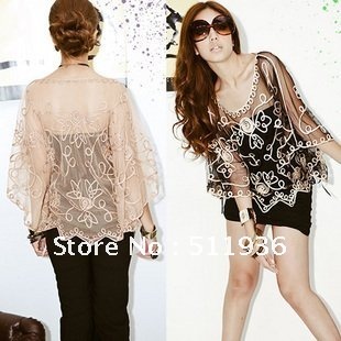 Sexy New  Women  Flower Pattern Chiffon Batwing Dolman Poncho Loose Batty Shirt Lace Blouse Tops  Casual T-shirts Upper # C52104