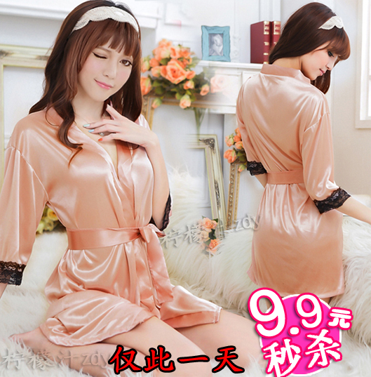 Sexy noble faux silk temptation translucent robe female skirt bathrobe sleepwear