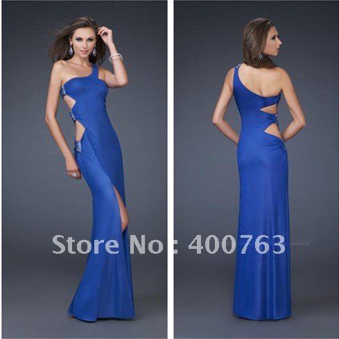 Sexy One Shoulder Beaded  Cut out Side Chiffon Royal Blue Discount Evening Dresses