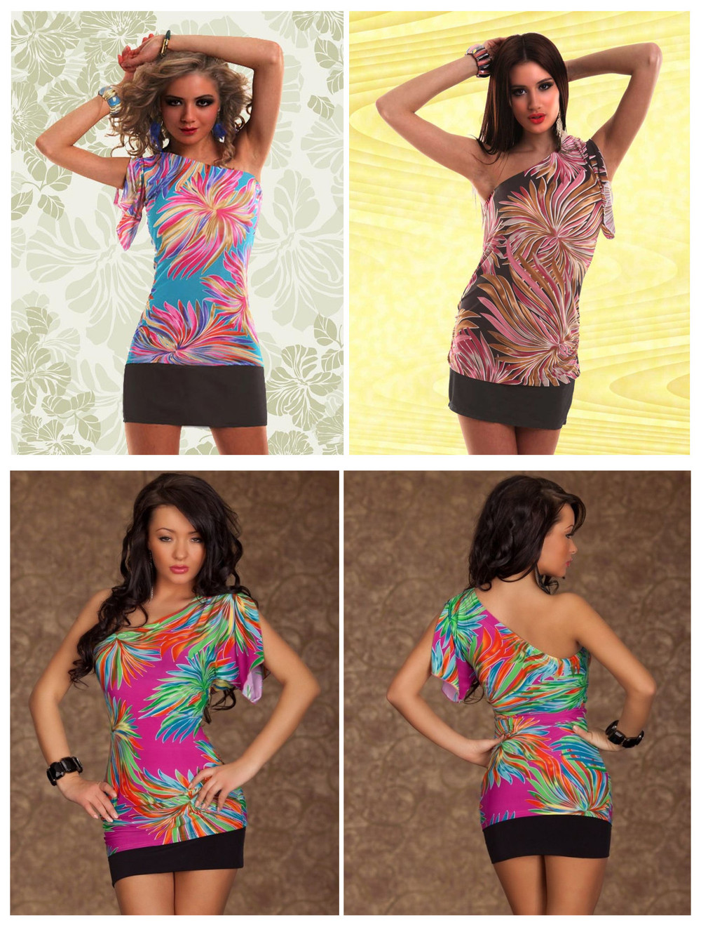 Sexy One Shoulder Coffee/Blue/Hot Pink Daisy Mini Clubbing Dress Clubwear Gogo Dance M/XXL Free Shipping @X4133