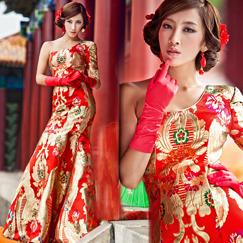 Sexy one shoulder oblique red robes the bride married cheongsam 2512