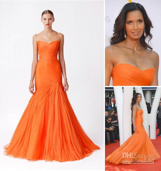 Sexy Padma Lakshmi Orange Mermaid Design 64th Emmy Awards Red Carpet Gowns Celebrity Formal Dresses