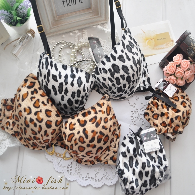 Sexy perfect leopard print velvet push up women's single-bra underwear set