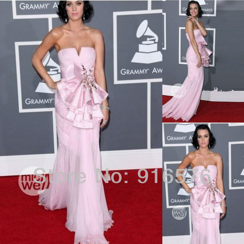 sexy pink satin and chiffon maxi sweetheart bow rhinestone a line floor length oscar formal gowns celebrity dress 2012