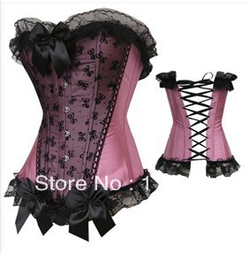 Sexy Pink Satin Burlesque Boned Corset Busiter With Black Lace Overlay & Ribbon Trim  S-2XL  M0139