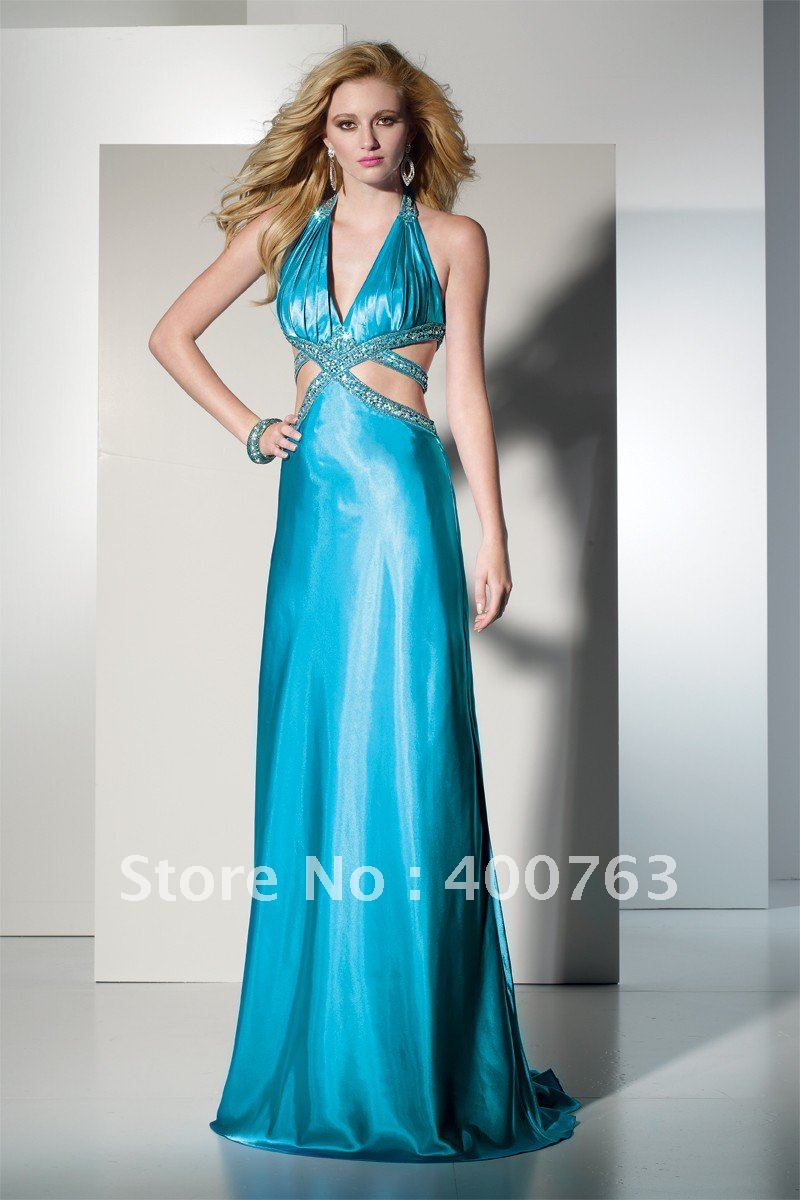 sexy prom dress Sexy charmeuse A-line halter Satin Beaded gown cheap prom dresses 2013