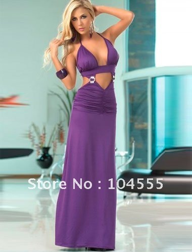 Sexy Purple Front Low Cut Keyhole Cut Out Long Gown