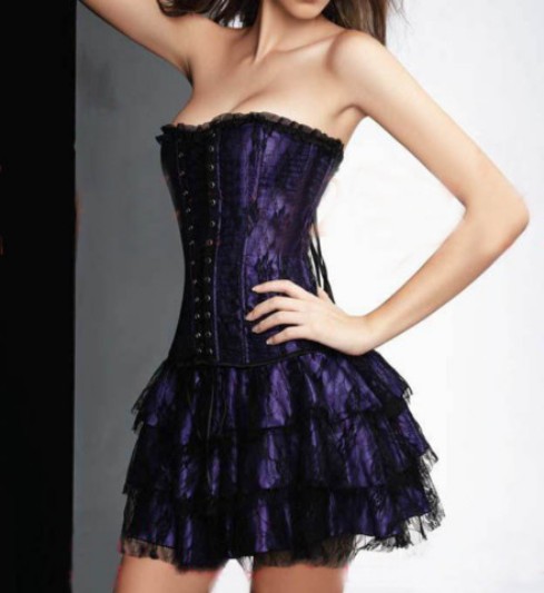 Sexy purple with black lace overlay  showgirl  Corset Bustier + Mini skirt +G-string  factory supplier S-2XL