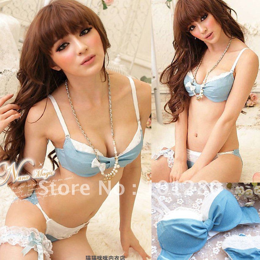 Sexy push up bra set denim blue bow lace underwear bra set