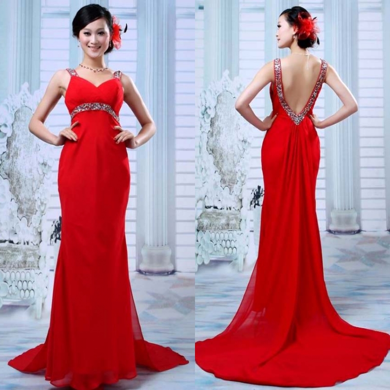 Sexy racerback fish tail formal dress red chiffon evening dress double-shoulder V-neck beading formal dress re38