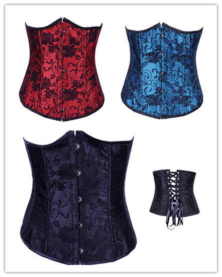 Sexy Red/Black/Blue Satin Lace Covered Underbust Corset Waist Cincher S-XXL Free Shipping @AM2869A