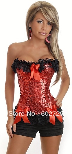 Sexy red boned lace up with sequin Burlesque Corset Bustier clubwear dropship S-2XL