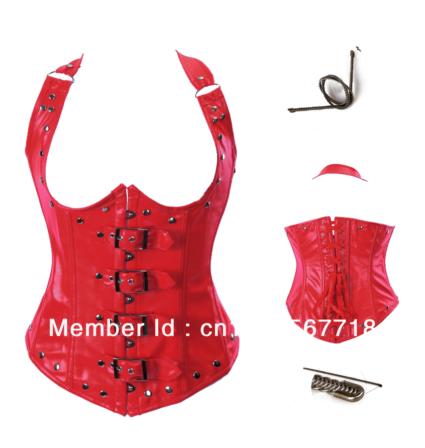 Sexy Red Faux Leather Steel Boned Underbust Corset Bustier Buckles TOP S-2XL wholesale free shipping