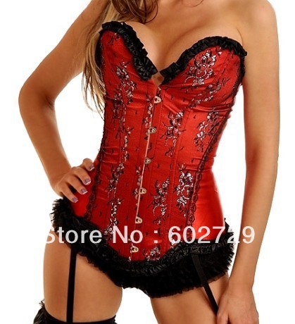 Sexy red floral satin boned corset bustier lace up with garter lace up lingerie clubwear factory supplier S-2XL