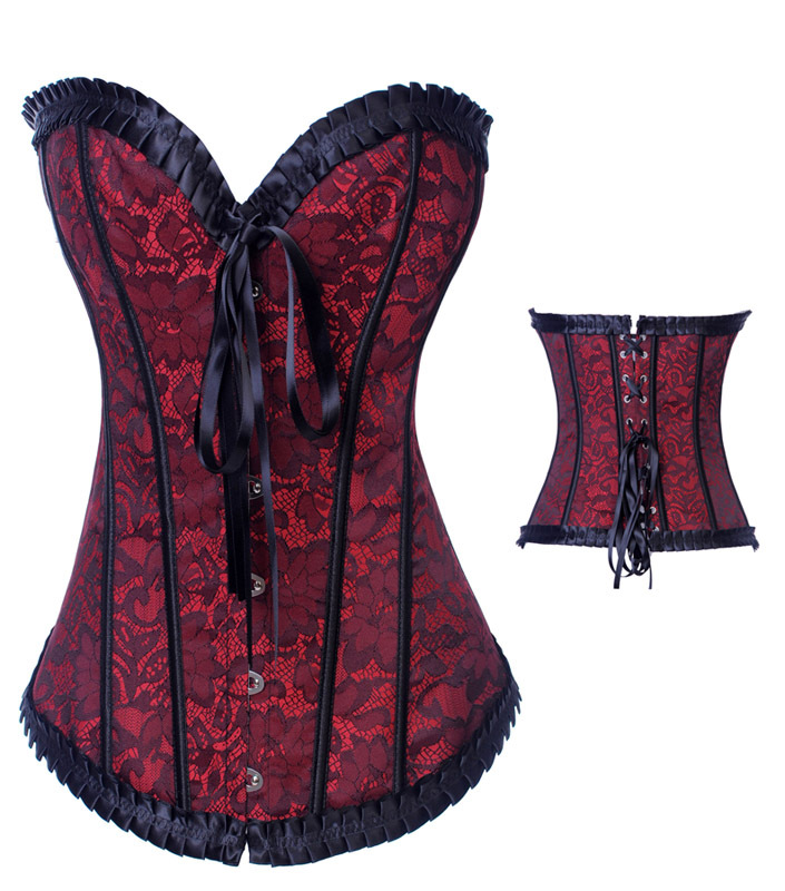 Sexy red lace up boned corset busiter with print  ribbon front  bodyshaper S-2XL