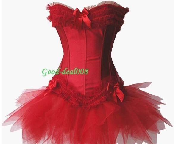 Sexy Red satin lace up boned bride corset bustier bodyshaper showgirl +TUTU Skirt  dropship  S-2XL