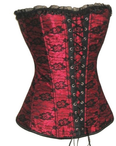 Sexy red satin with black lace overlay boned Corset Bustier clubwear bodyshaper  factory supplier S-2XL