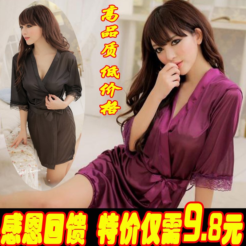 Sexy robe summer women's sexy underwear sexy sleepwear ultra-thin plus size faux silk half sleeve bathrobe