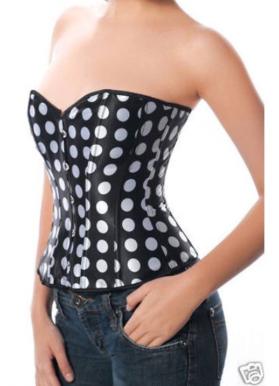 Sexy satin Gothic  lace up boned  Black with  big dots body shaper  Corset  Bustier linger  clubwear   +G-string  S-2XL