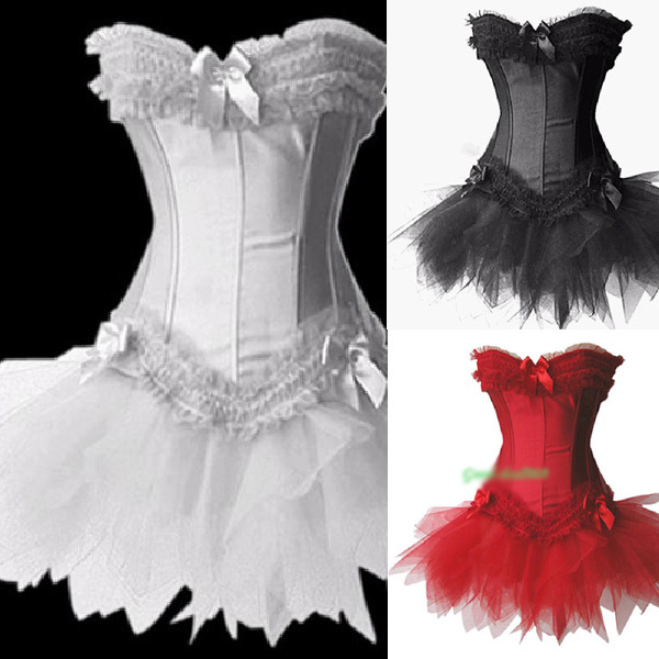 Sexy Satin Lingerie Lace up Corset Bustier Mini Tutu Petticoat Skirt Fancy Dress Costume S M L XL 2XL Free Shipping