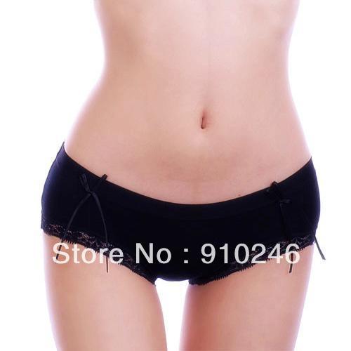 Sexy seamless bamboo charcoal fiber ruffle bow 100% cotton panties women's briefs - black 25101