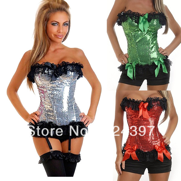 Sexy Sequined Lace Ruffled Zip Up Overbust Corset Bustier Party Showgirl Clubwear S-2XL Red Green White Corsets