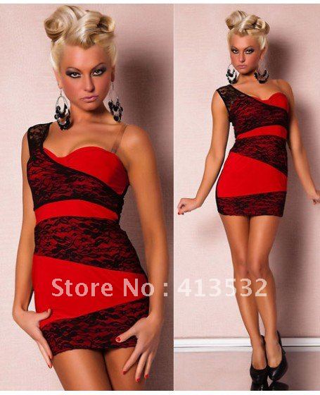 Sexy Silk Lace Mini Dress Clubwear with One Shoulder style-56141