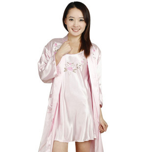 Sexy sleepwear female silk embroidered spaghetti strap twinset robe female summer silk nightgown bathrobes female