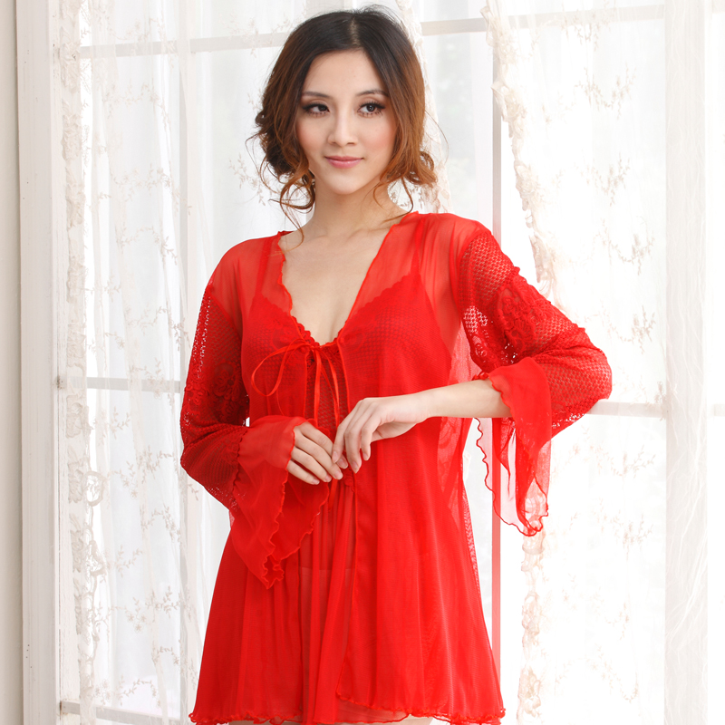 Sexy sleepwear female transparent lace gauze V-neck single-bra spaghetti strap nightgown robe twinset