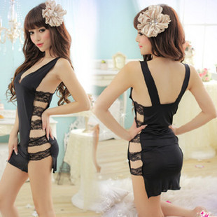 Sexy sleepwear spring and summer women's double lace sexy spaghetti strap nightgown one piece set temptation