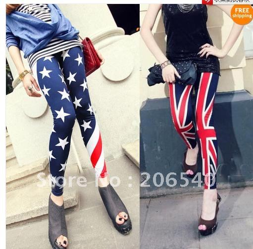 Sexy Slim Elasticity USA American UK British Flag Print Leggings Pants Tights