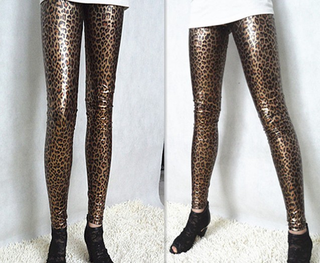 Sexy slim fit Leopard gold Imitation leather leggings For Women Fashionable Ninth pants Stylish Ladies stretch pants