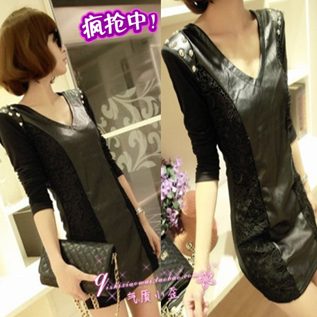 Sexy slim hip slim leather skirt basic skirt long-sleeve winter one-piece dress