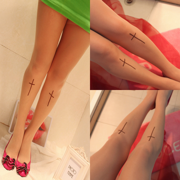 Sexy Small Cross Tattoo Pantyhose Transparent Sock Stockings Tights Leggings FREE SHIPPING