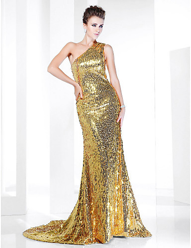 Sexy Sparking Golden One Shoulder Sequined Red Carpet CelebrityDresses inspired by Elizabeth Banks 2013