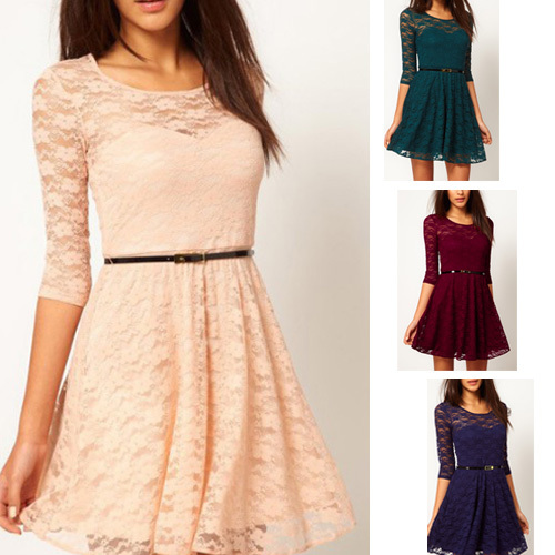 Sexy Spoon Neck 3/4 Sleeve Lace Sakter Dress Belt Include 3817