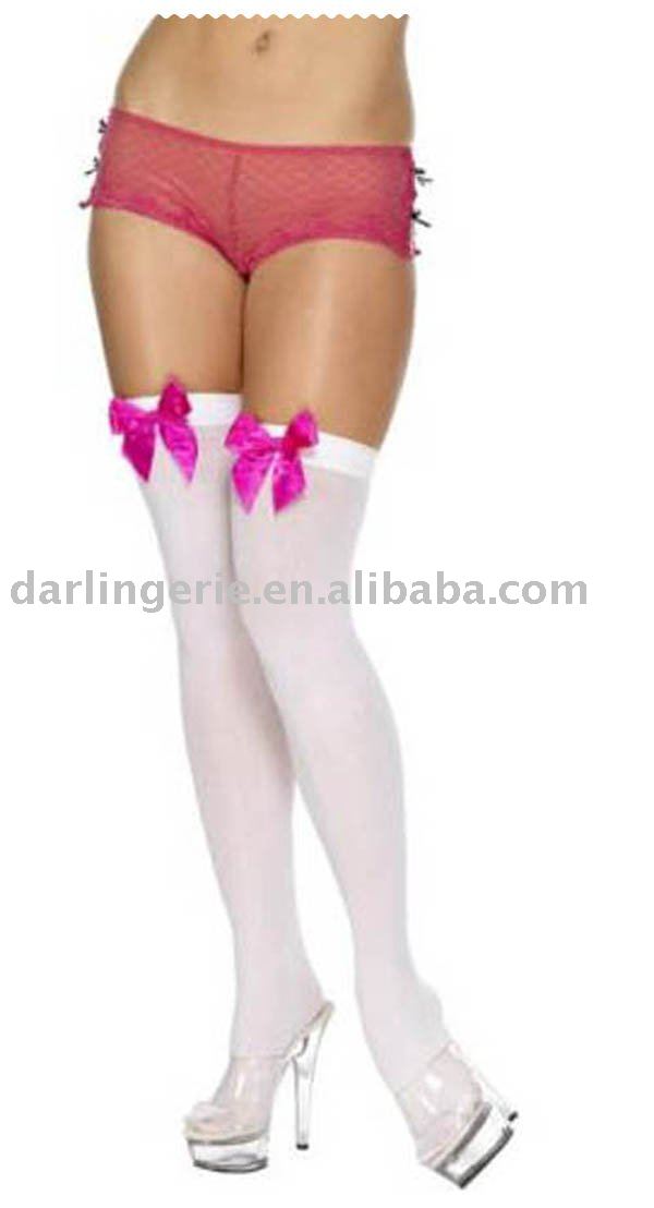 $$$$ Sexy stocking in Nylon ST 11 with satin bowknot $$$$$white nylon with  mei pink ribbon