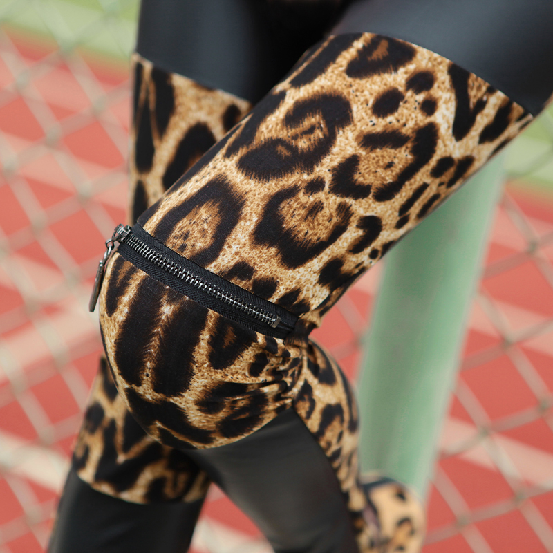 Sexy Street Fashion Women's Basic Leopard Print Faux Leather Patchwork Opening Zipper Leggings