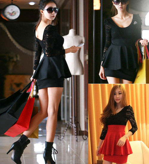 Sexy Stretch Spoon Neck Open Back Lace Slim PeplumParty Club Dress S M L WF-3802