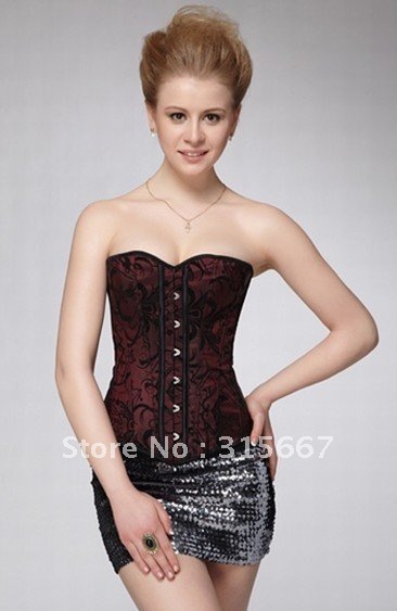 Sexy style,Brocade PVC Boned  Corset, Steel Boned Corset with G-string,High Quality corset in red satin flocking flower