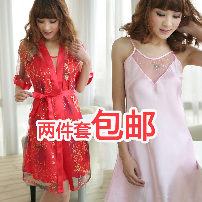 Sexy temptation lounge spaghetti strap nightgown robe twinset women's silk sleepwear
