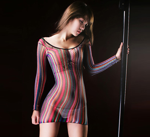 Sexy temptation slim ultra-thin gauze transparent long-sleeve beautiful colorful tank dress small net hot-selling
