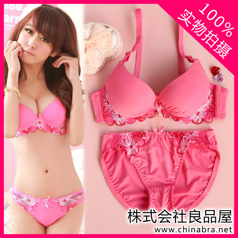 Sexy thickening embroidery bra set pink lace women's push up underwear set